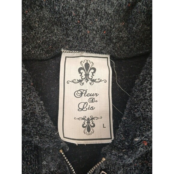 Fleur De Lis Cardigan Sweater Size L Long Full Zip Ruffle Hem Gray Pockets - Picture 2 of 7